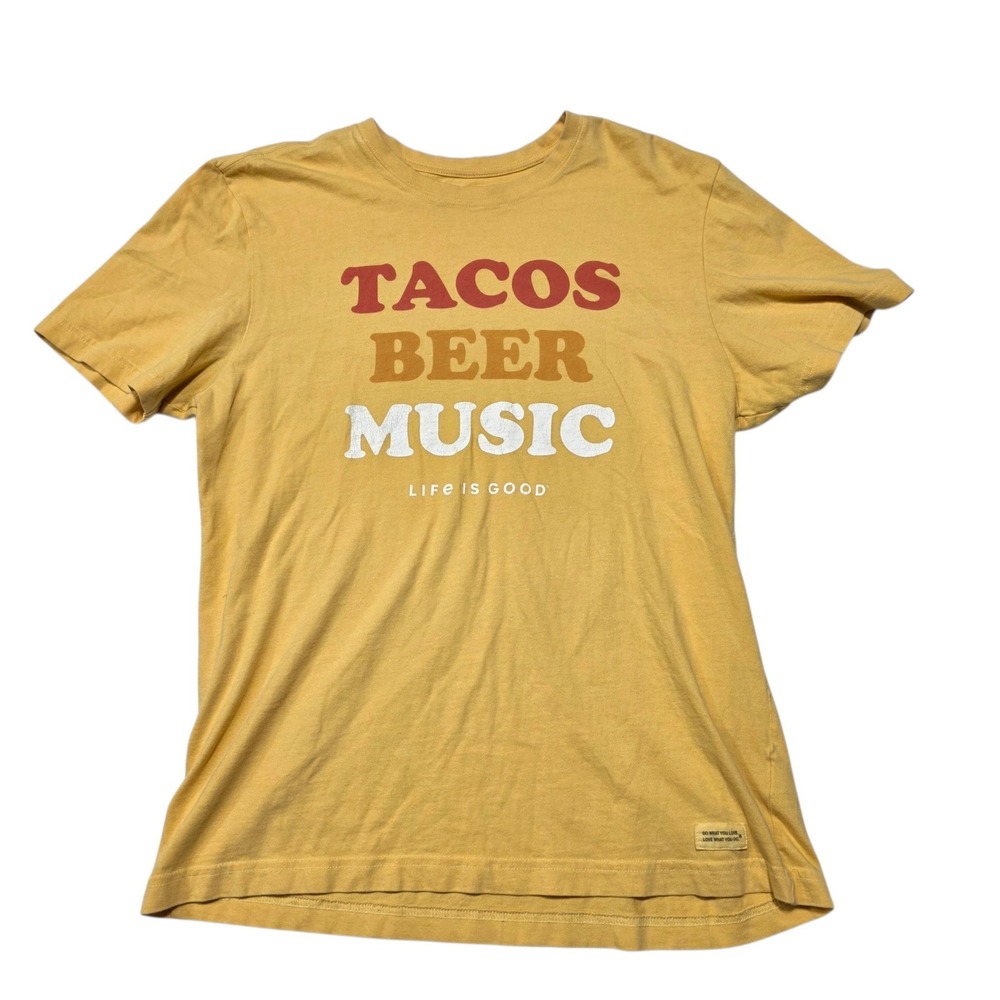 Life Is Good Crusher Tee Mens Medium Yellow Cotton Tacos Beer Music Graphic